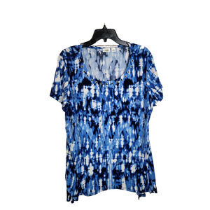 Cato Blue White Tie Dye Grommet Slinky Short Sleeve Casual Top Women's Size XL